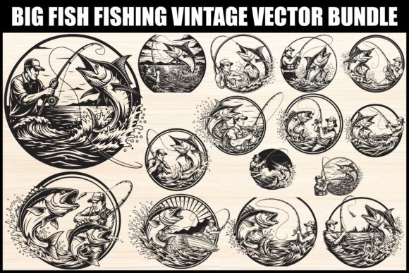 Download Big Fish Fishing Vintage Vector Bundle - Vector Collection